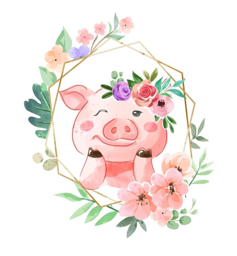 cochon mignon en couronne florale et illustration de cadre de fleurs vecteur