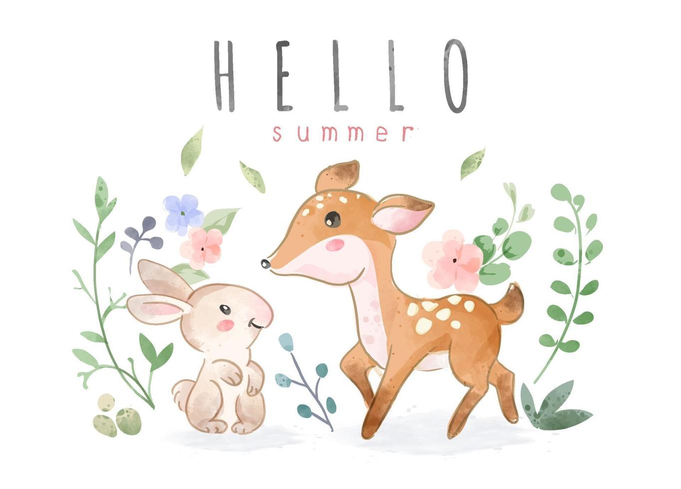 bonjour slogan d'été avec illustration d'amitié mignon rabit et cerf vecteur