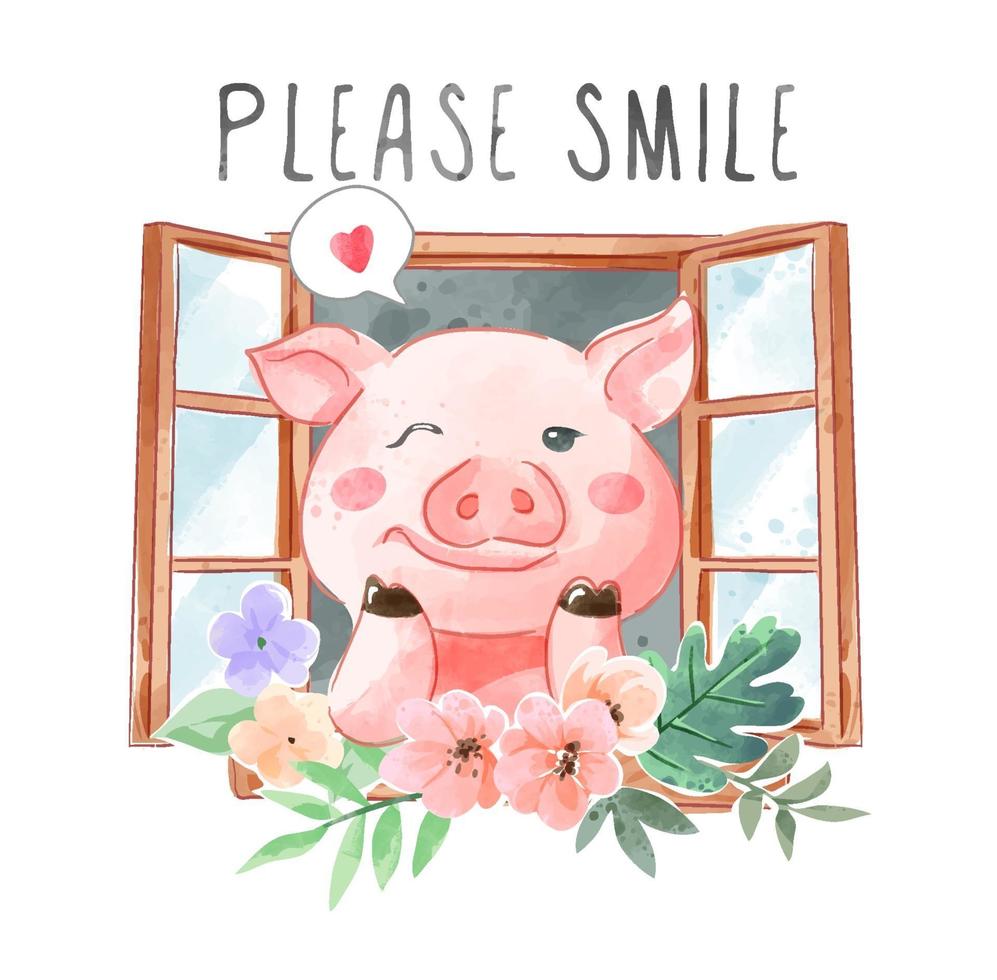 slogan de sourire et cochon mignon dans le cadre de la fenêtre et illustration de la fleur vecteur