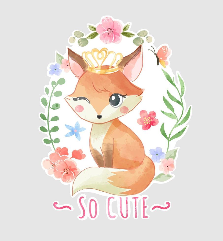 renard mignon avec couronne en illustration de cadre floral vecteur