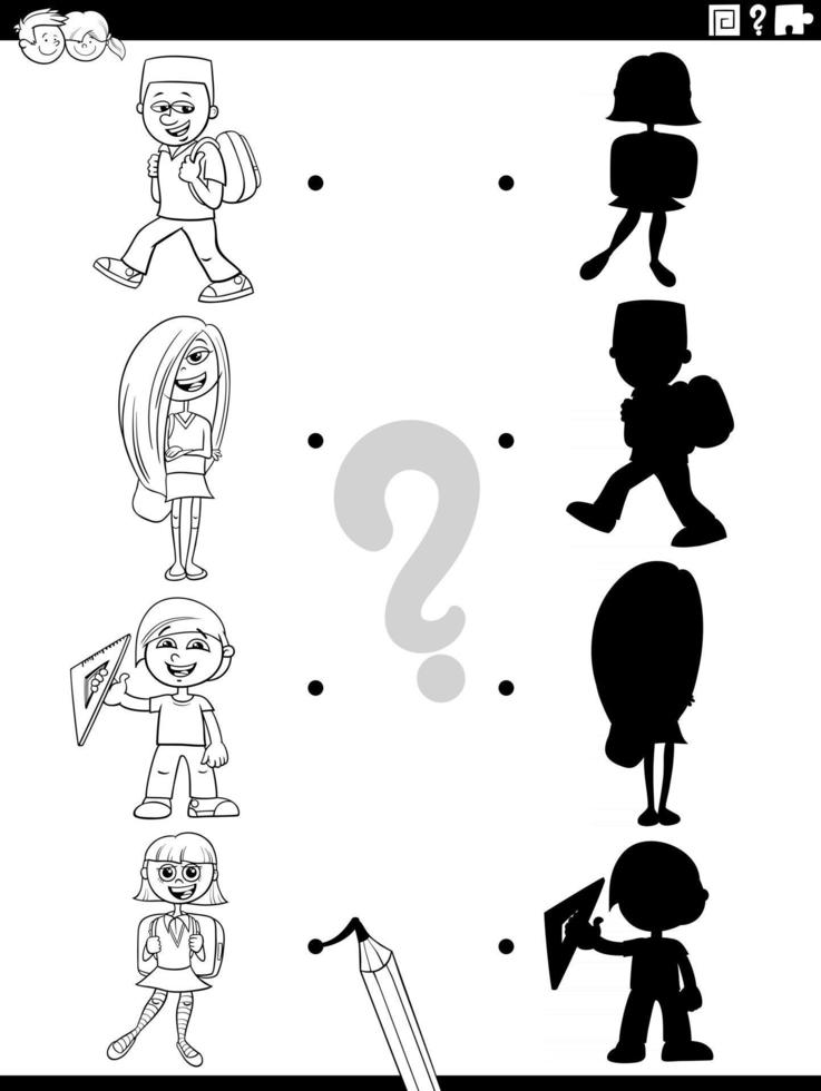 jeu d'ombre avec la page du livre de coloriage pour les enfants de l'école de dessin animé vecteur
