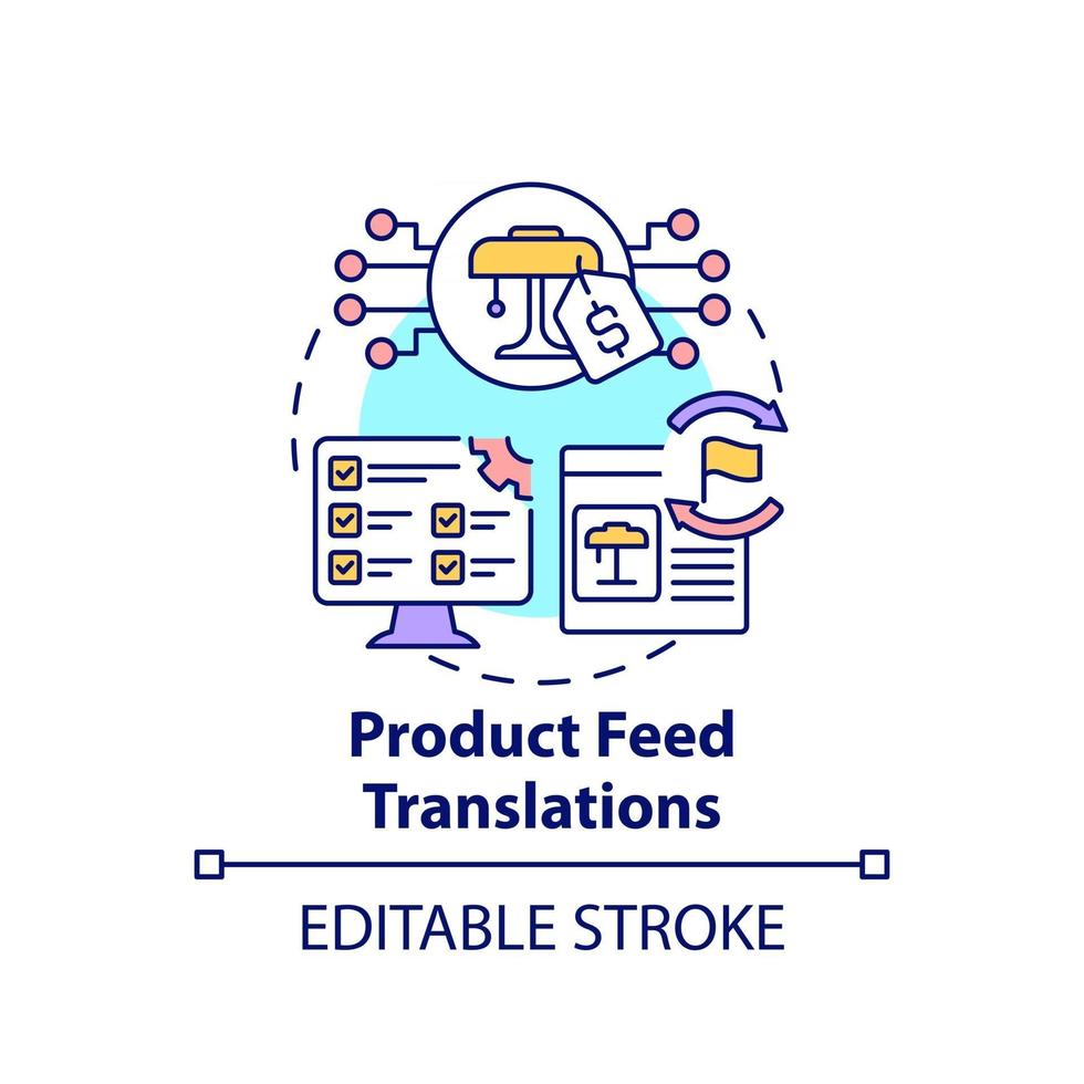 icône de concept de traductions de flux de produits. illustration de la ligne mince de l'idée abstraite du marché mondial. présenter des produits de différentes nationalités. dessin de couleur de contour isolé de vecteur. trait modifiable vecteur