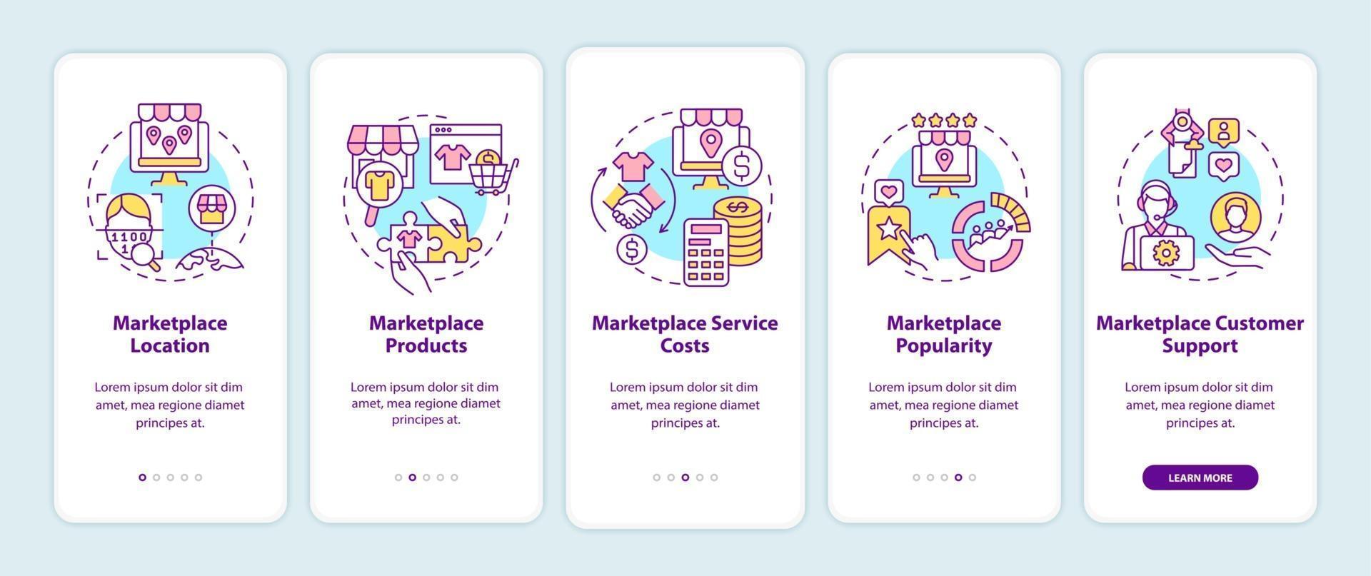 Paramètres de choix du marché d'intégration de l'écran de la page de l'application mobile. emplacement, présentation des produits instructions graphiques en 5 étapes avec concepts. modèle vectoriel ui, ux, gui avec des illustrations en couleurs linéaires