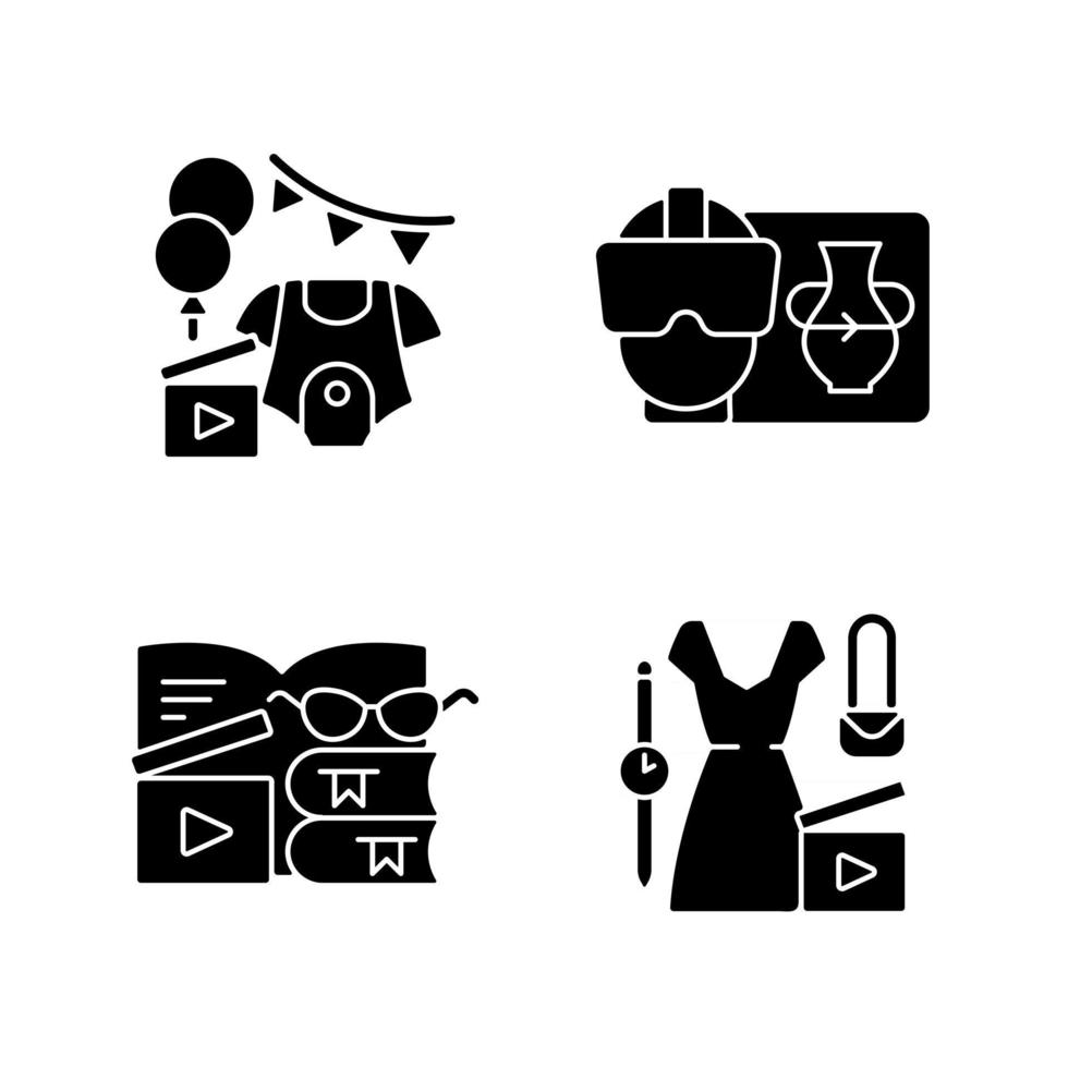 types d'icônes de glyphe noir vidéo sur un espace blanc. fête de douche de bébé. casque de RV. critique de livre. blog de mode. vlog beauté. vidéographie. symboles de silhouette. illustration vectorielle isolée vecteur