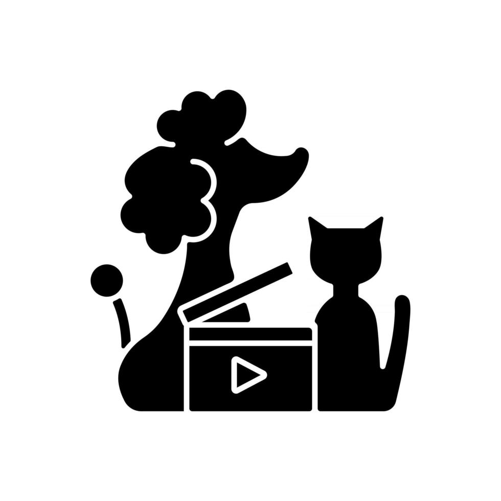 icône de glyphe noir de vidéos pour animaux de compagnie. contenu en ligne avec des animaux domestiques. vlog chats et chiens. réalisation de films pour la chaîne animalière. vidéographie. symbole de silhouette sur un espace blanc. illustration vectorielle isolée vecteur