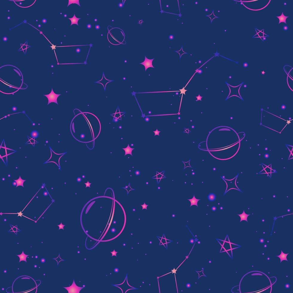 modèle sans couture de galaxie violet et bleu avec des étoiles, des planètes et des constellations. répéter le motif avec un ciel étoilé et un univers lumineux. texture dégradée avec nuages et nébuleuses astrologiques. vecteur