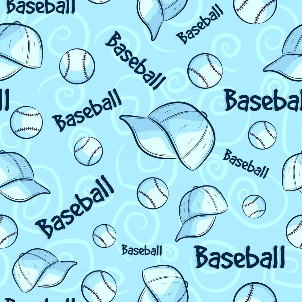 modèle sans couture bleu avec le concept et les éléments de baseball. fond répétitif avec des boules d'équipement, des chapeaux blancs et du texte. texture de sport avec des illustrations de softball répétées. vecteur