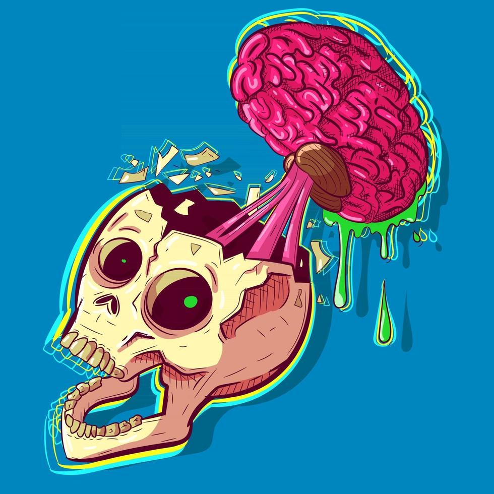 crâne de zombie humain avec un cerveau rose qui sort de sa tête et fond. art mural hip hop et tatouage inspirés des graffitis pour halloween. fond néon moderne avec un crâne fissuré. vecteur