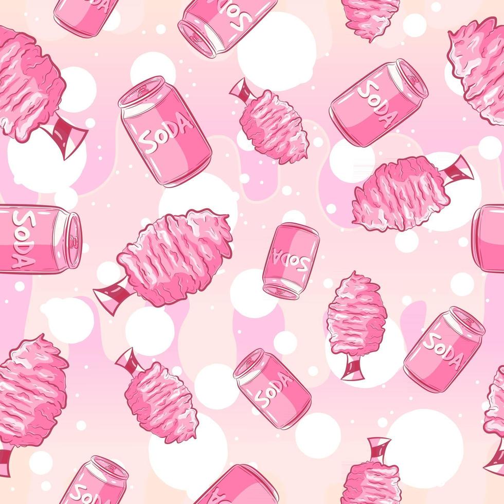 modèle sans couture kawaii avec canettes de soda et barbe à papa. fond répétitif girly rose avec des friandises et des boissons du festival d'été. art vectoriel mignon avec de la nourriture de rue