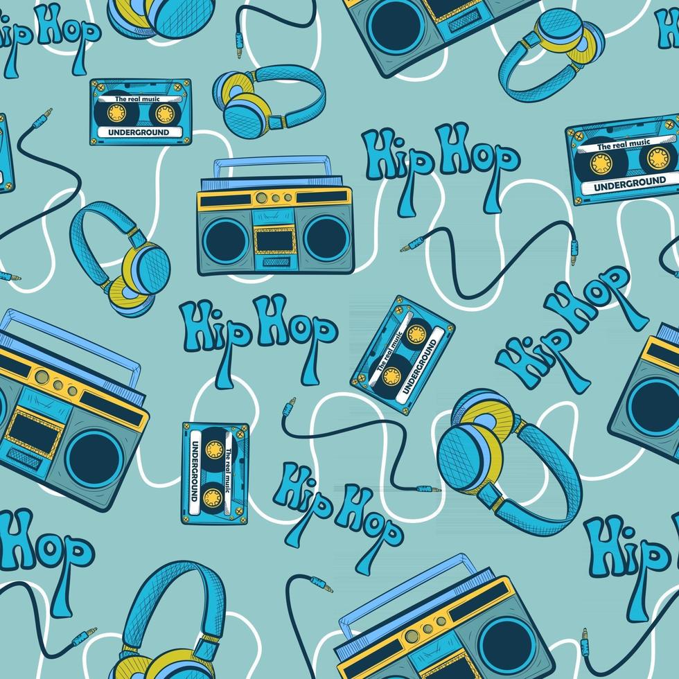 motif harmonieux de hiphop bleu avec enregistreurs, cassettes, écouteurs et câbles. fond répétitif avec des éléments de la culture underground hip hop. 1990 art conceptuel répéter vecteur avec danse et musique