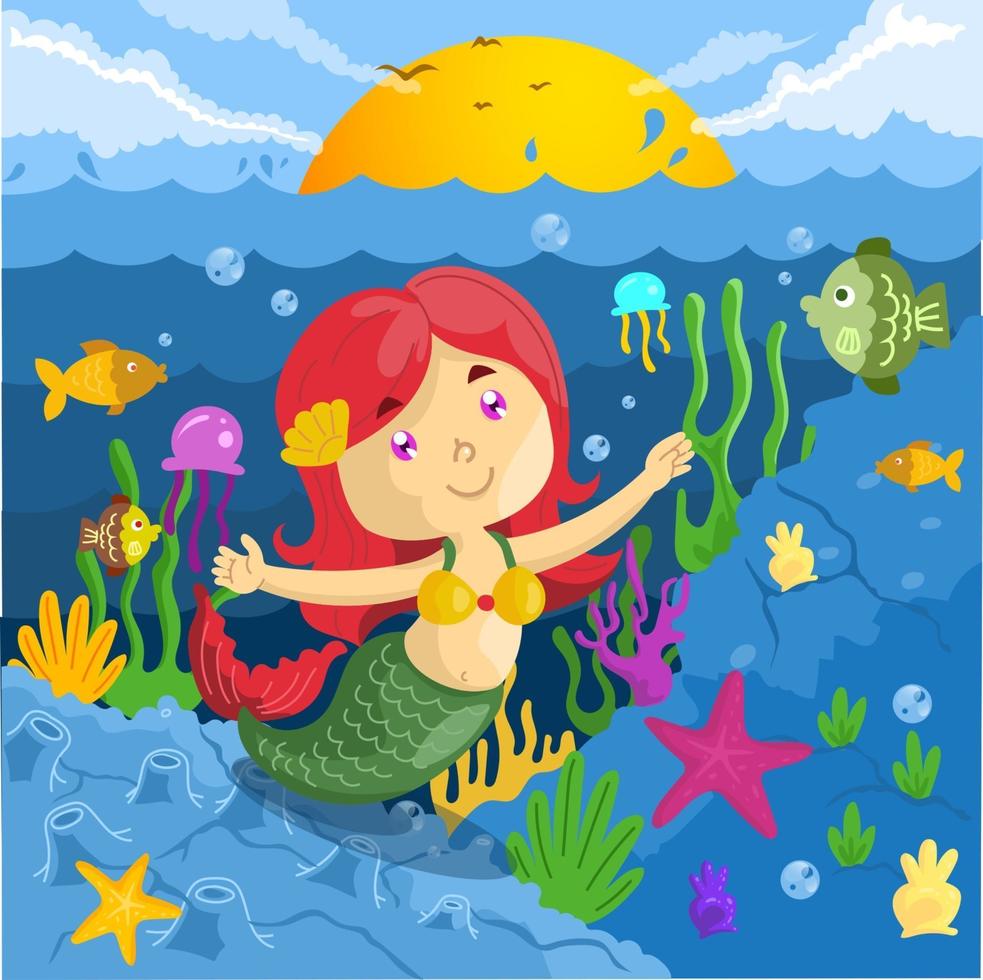une petite sirène nageant sur la mer avec un dessin animé d'illustration de poisson, de corail et de plante marine vecteur