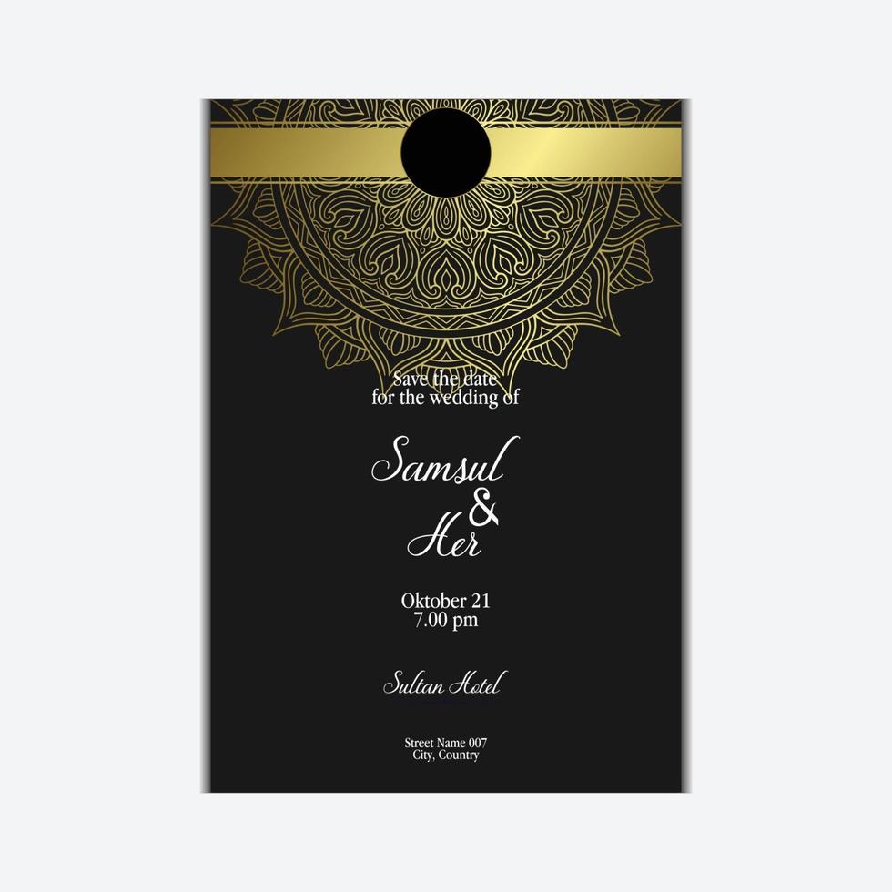 fond orné de mandala d'or de luxe pour invitation de mariage, couverture de livre avec style d'élément de mandala vecteur