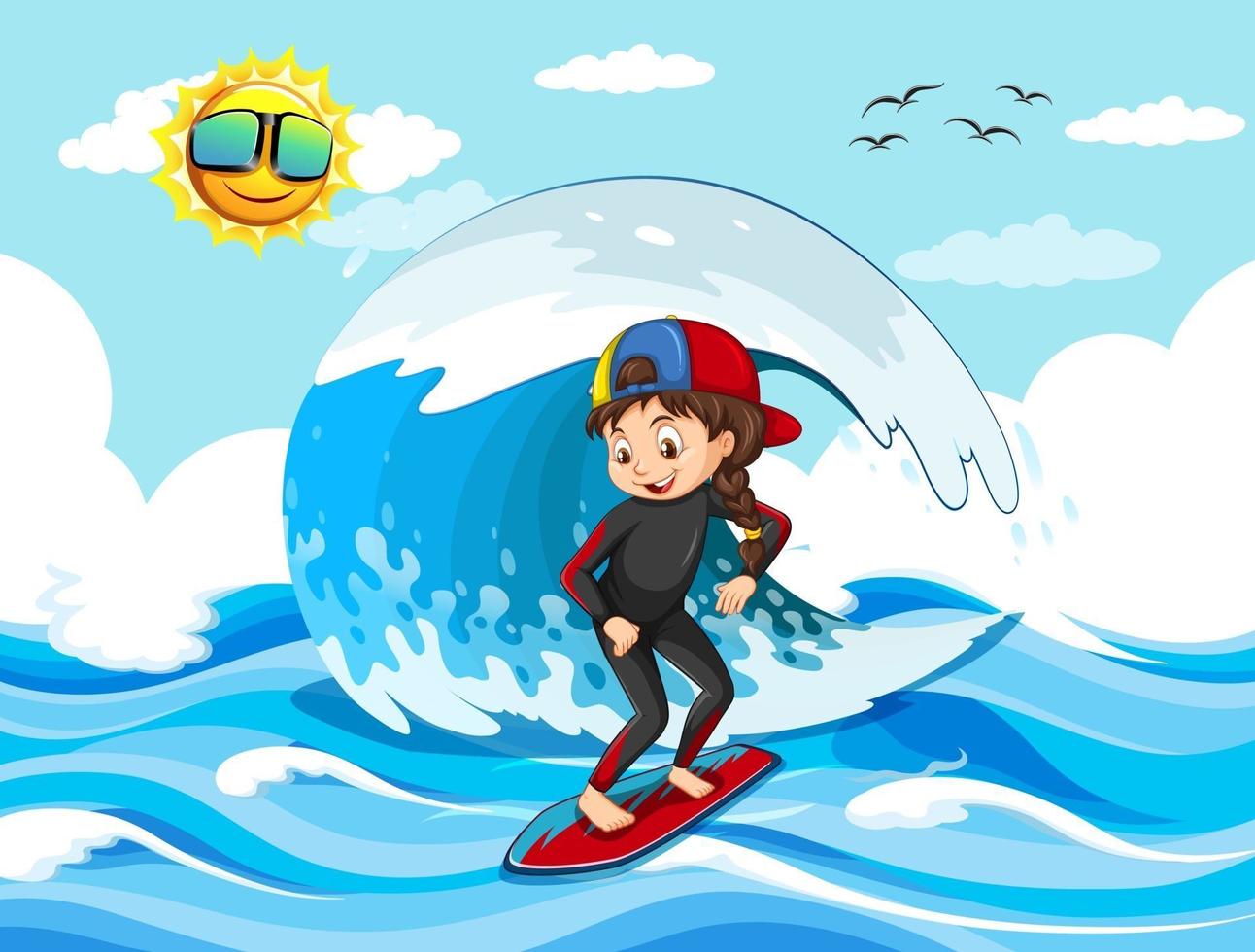 grosse vague dans la scène de l & # 39; océan avec une fille debout sur une planche de surf vecteur