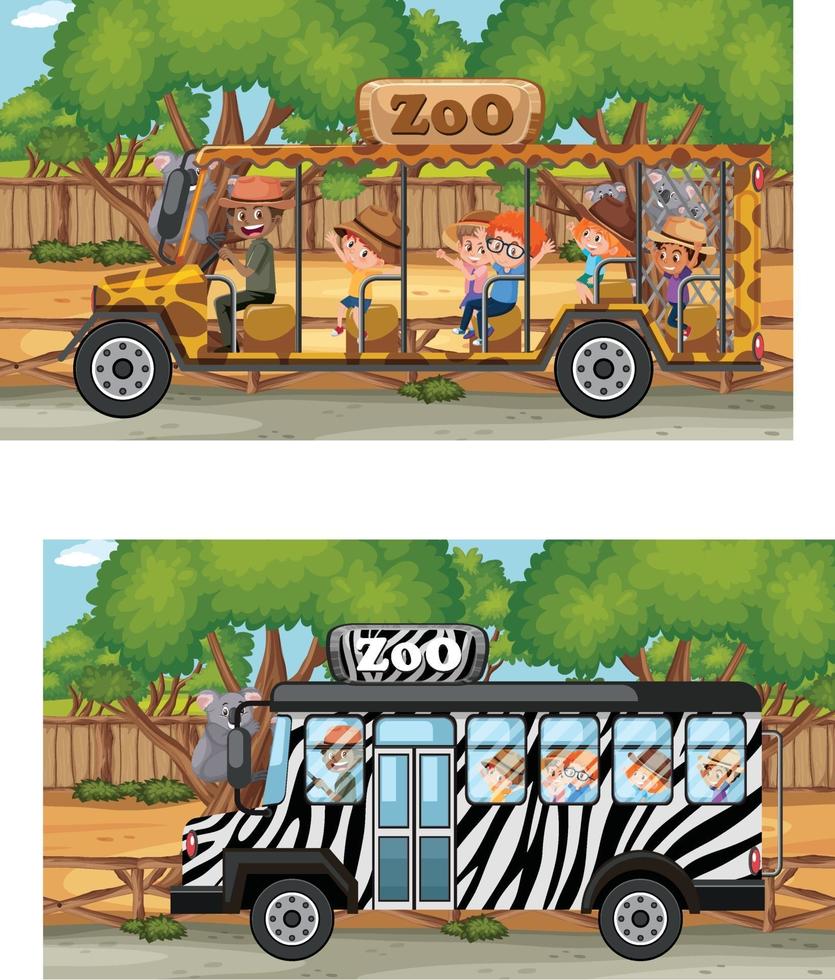 scène de zoo avec des enfants dans la voiture de tourisme vecteur