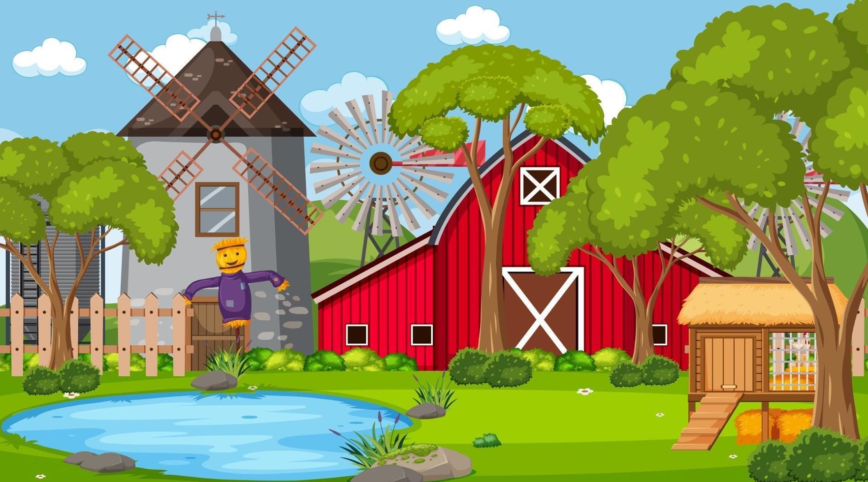 scène de ferme vide avec grange rouge et moulin à vent vecteur