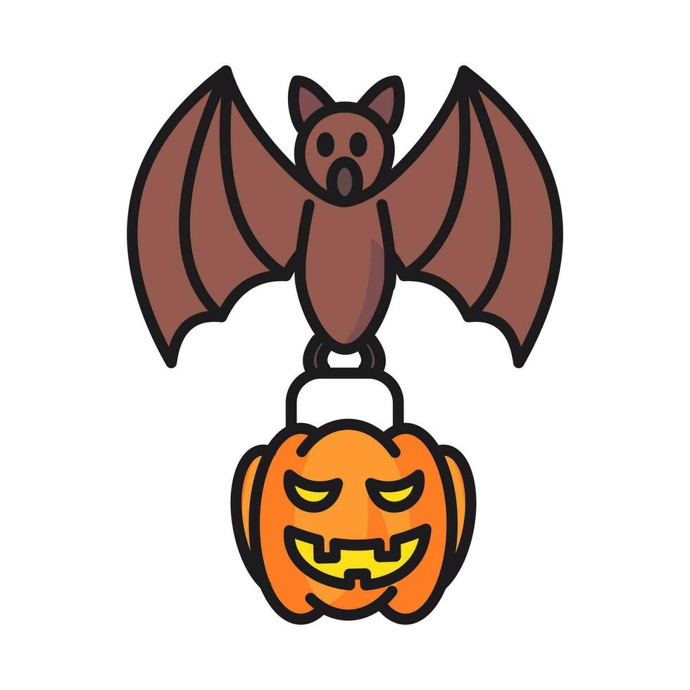 chauve souris icône porter une citrouille sac rempli avec Halloween bonbons, vecteur Halloween, isoler sur blanc Contexte.