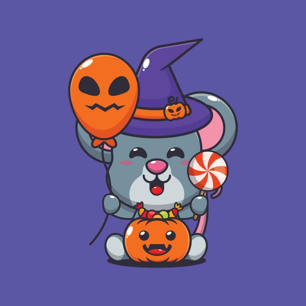 sorcière Souris en portant Halloween ballon et bonbons. mignonne Halloween dessin animé illustration. vecteur