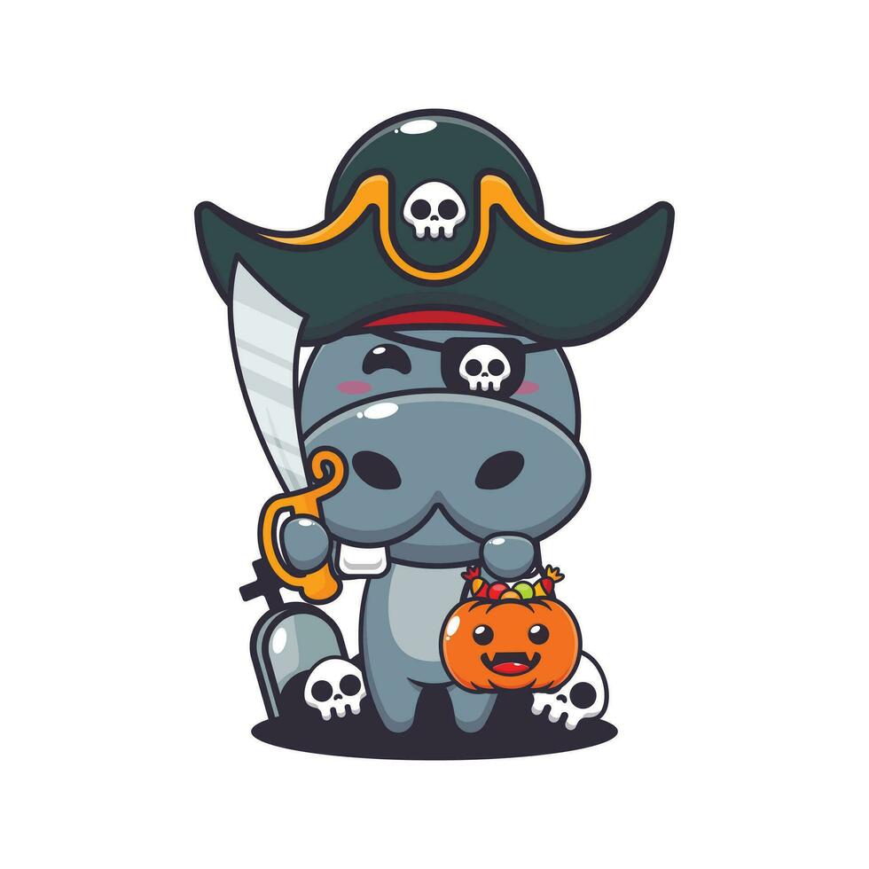 pirates hippopotame dans Halloween journée. mignonne Halloween dessin animé illustration. vecteur