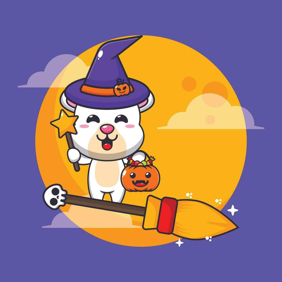 sorcière polaire ours mouche avec balai dans Halloween nuit. mignonne Halloween dessin animé illustration. vecteur