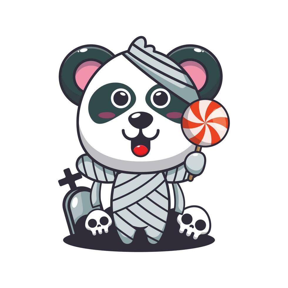 Momie Panda en portant Halloween bonbons. mignonne Halloween dessin animé illustration. vecteur