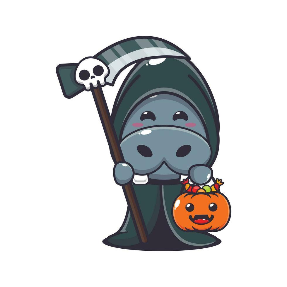 sinistre moissonneuse hippopotame en portant faux et Halloween citrouille. mignonne Halloween dessin animé illustration. vecteur