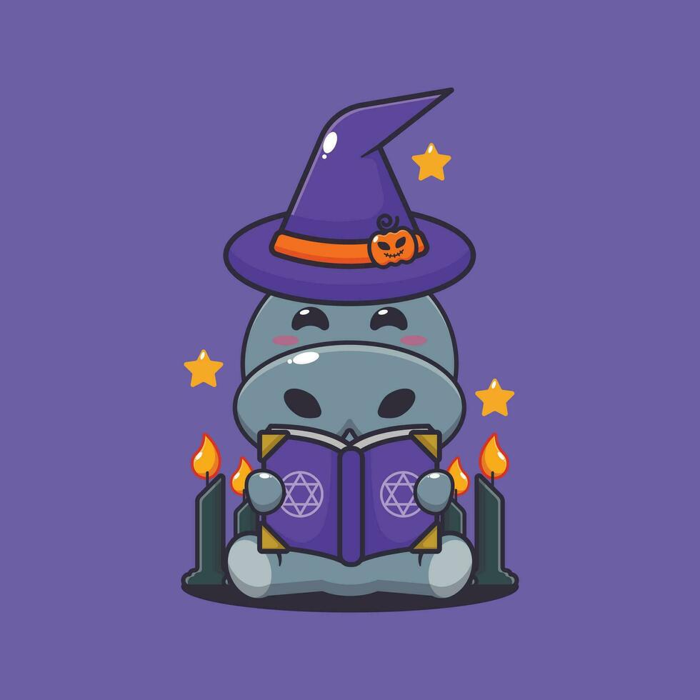 sorcière hippopotame en train de lire épeler livre. mignonne Halloween dessin animé illustration. vecteur