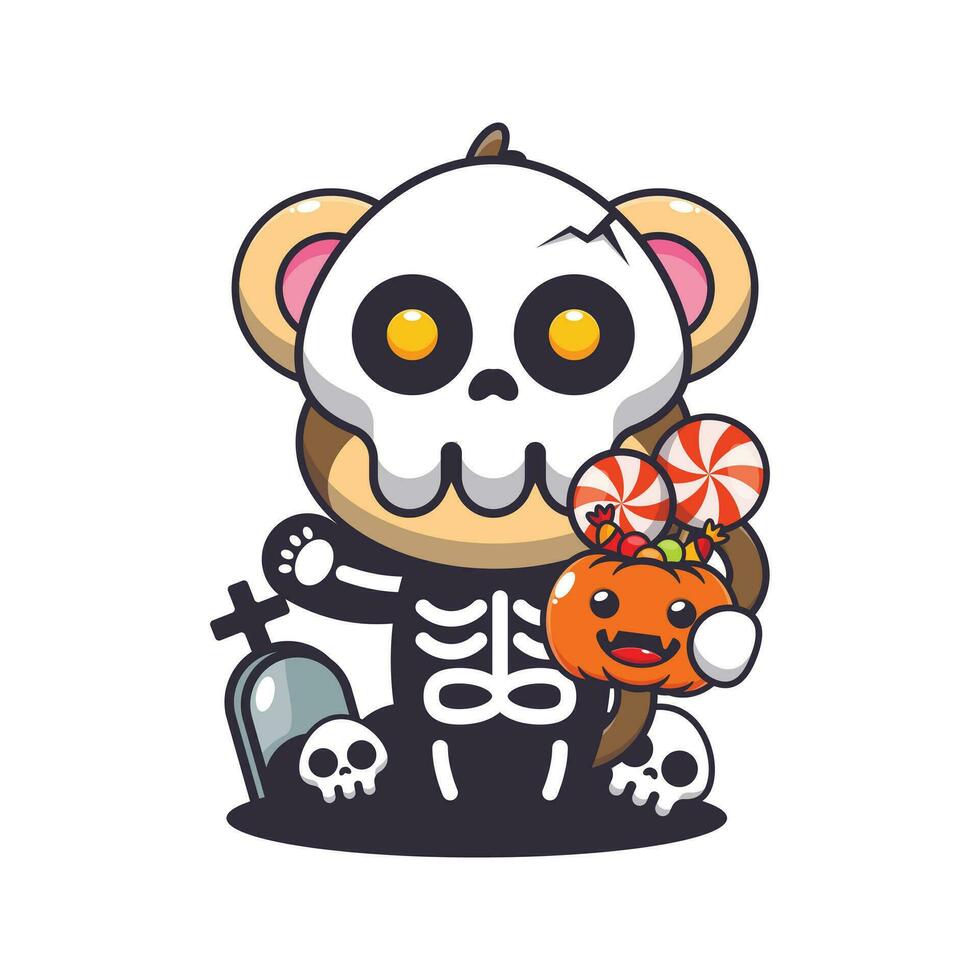 singe avec squelette costume en portant Halloween citrouille. mignonne Halloween dessin animé illustration. vecteur