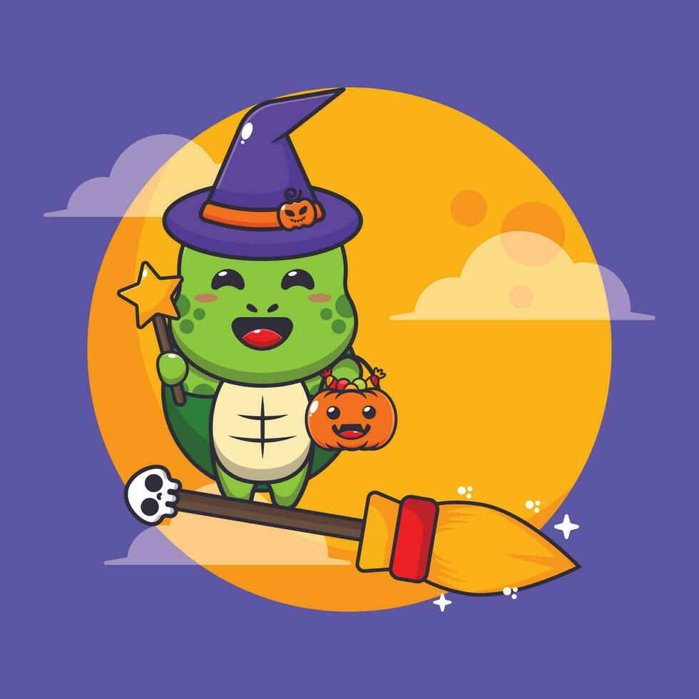 sorcière tortue mouche avec balai dans Halloween nuit. mignonne Halloween dessin animé illustration. vecteur