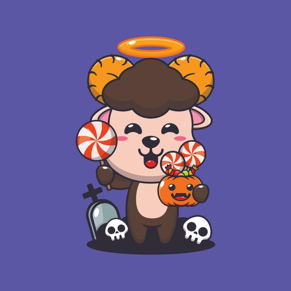 mignonne ange RAM mouton en portant bonbons dans Halloween journée. mignonne Halloween dessin animé illustration. vecteur