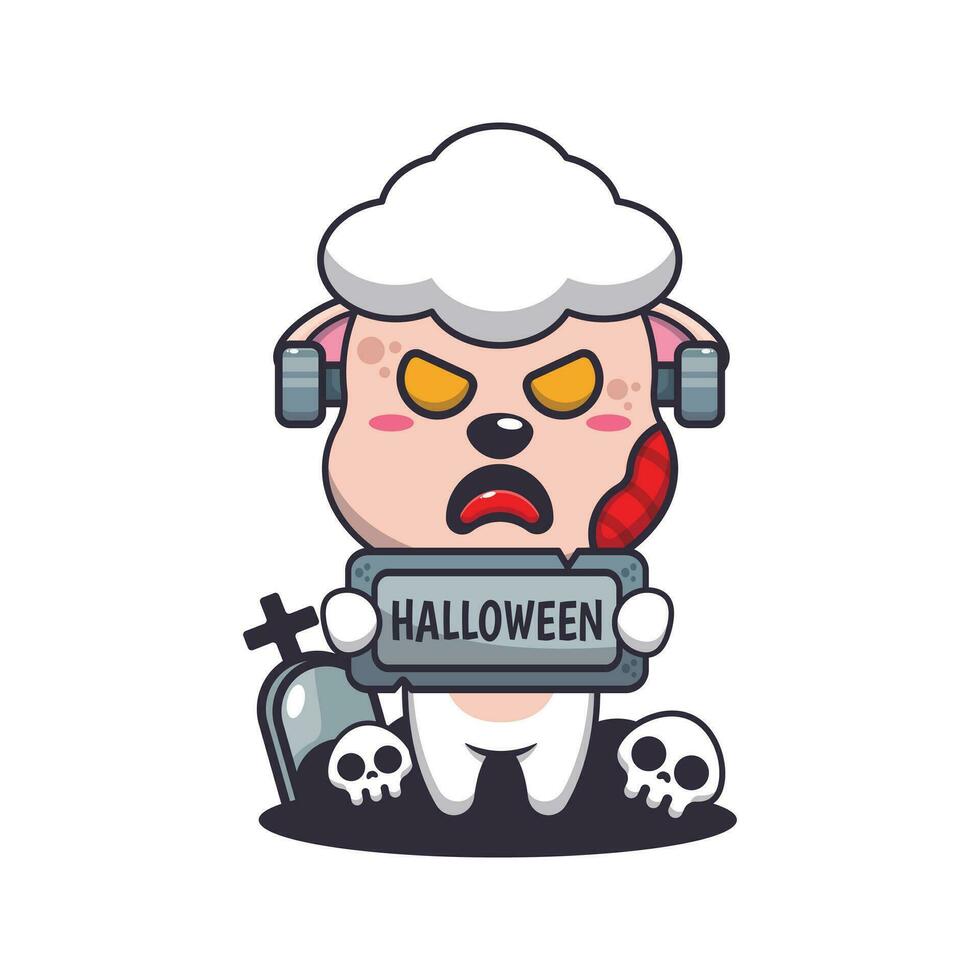zombi mouton en portant Halloween salutation pierre. mignonne Halloween dessin animé illustration. vecteur
