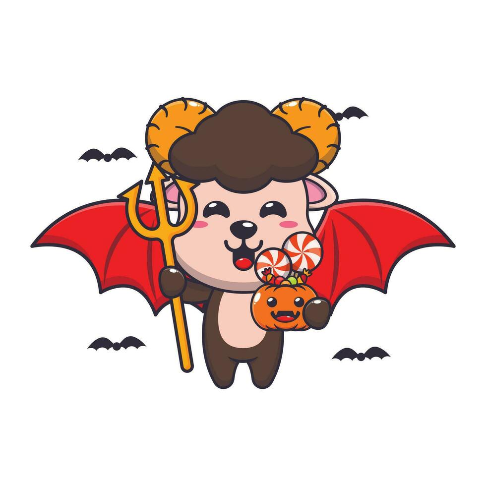 diable RAM mouton dans Halloween journée. mignonne Halloween dessin animé illustration. vecteur
