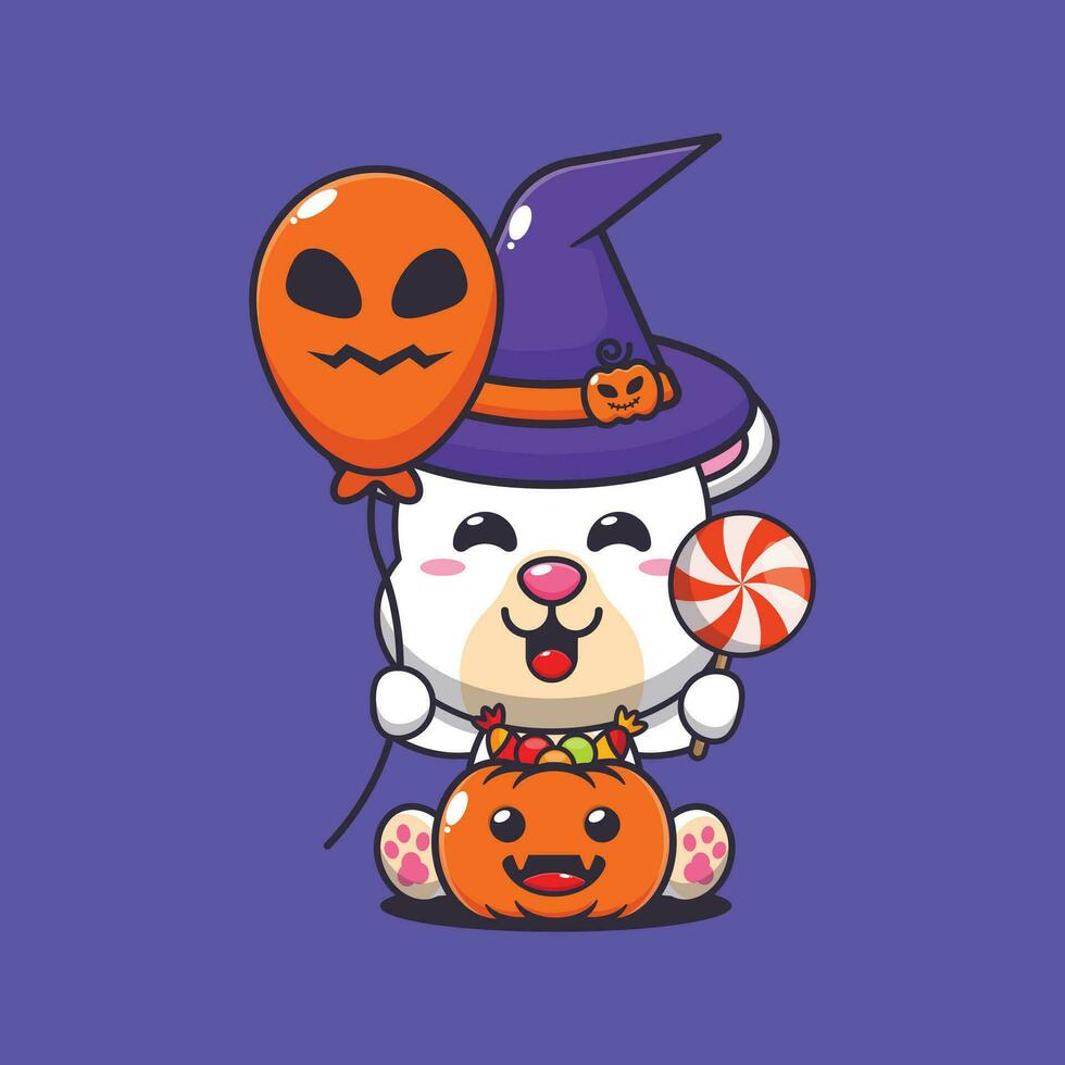 sorcière polaire ours en portant Halloween ballon et bonbons. mignonne Halloween dessin animé illustration. vecteur