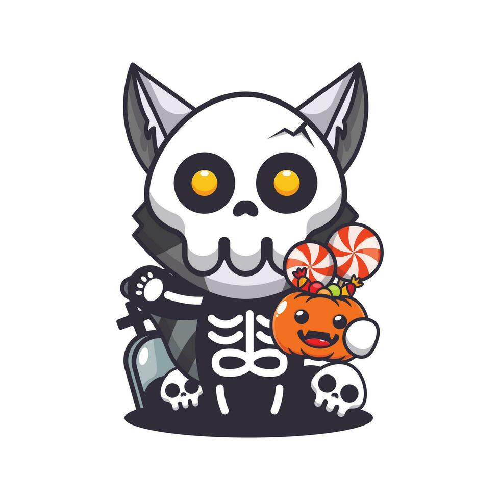 raton laveur avec squelette costume en portant Halloween citrouille. mignonne Halloween dessin animé illustration. vecteur