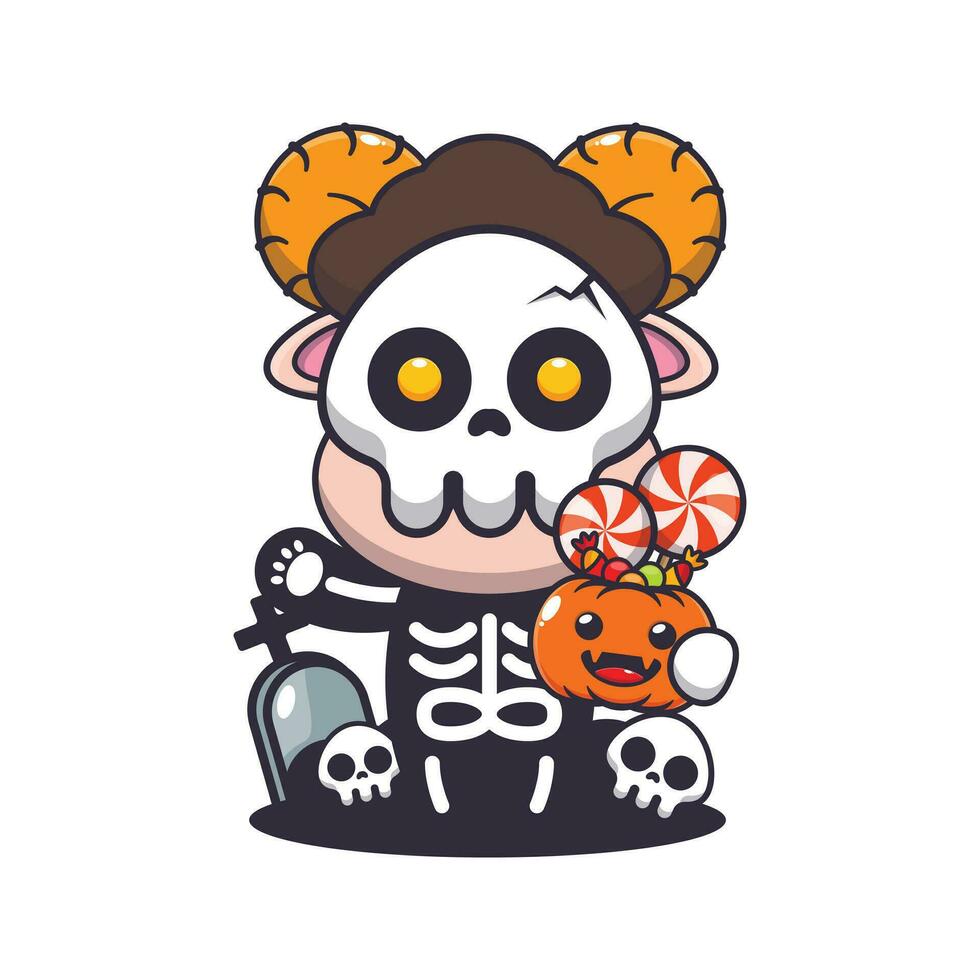 RAM mouton avec squelette costume en portant Halloween citrouille. mignonne Halloween dessin animé illustration. vecteur