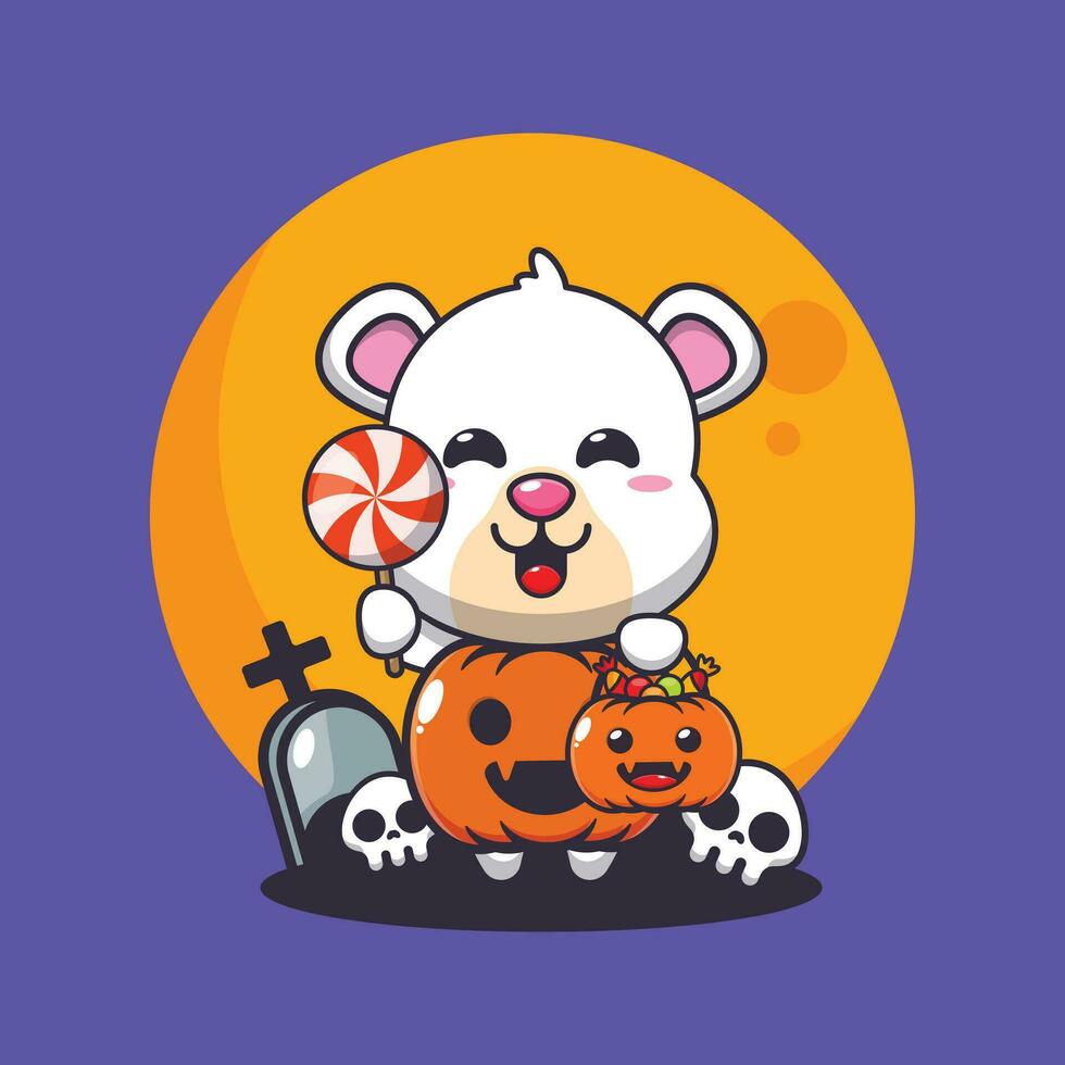 polaire ours avec Halloween citrouille costume. mignonne Halloween dessin animé illustration. vecteur