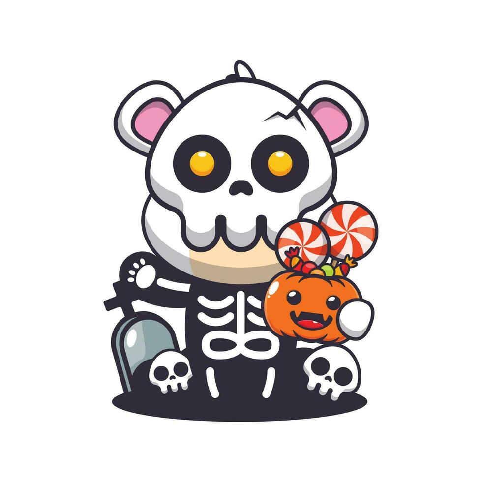 polaire ours avec squelette costume en portant Halloween citrouille. mignonne Halloween dessin animé illustration. vecteur