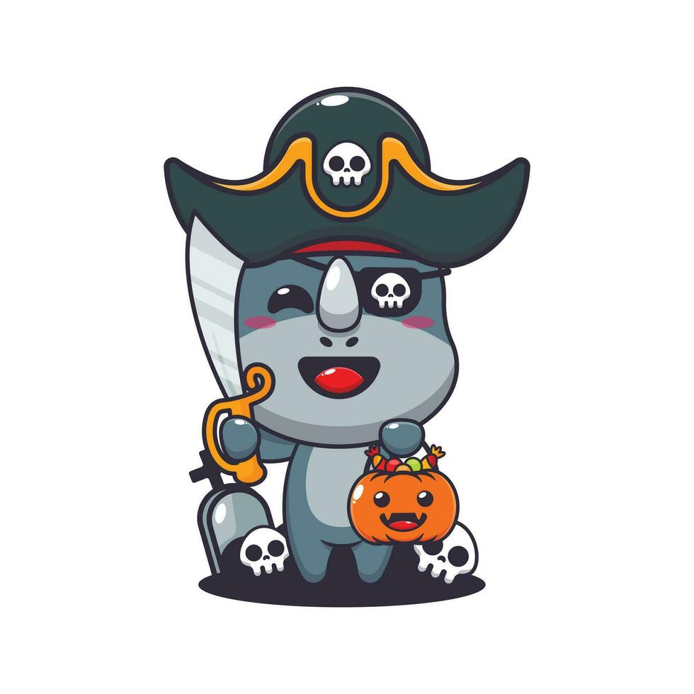pirates rhinocéros dans Halloween journée. mignonne Halloween dessin animé illustration. vecteur