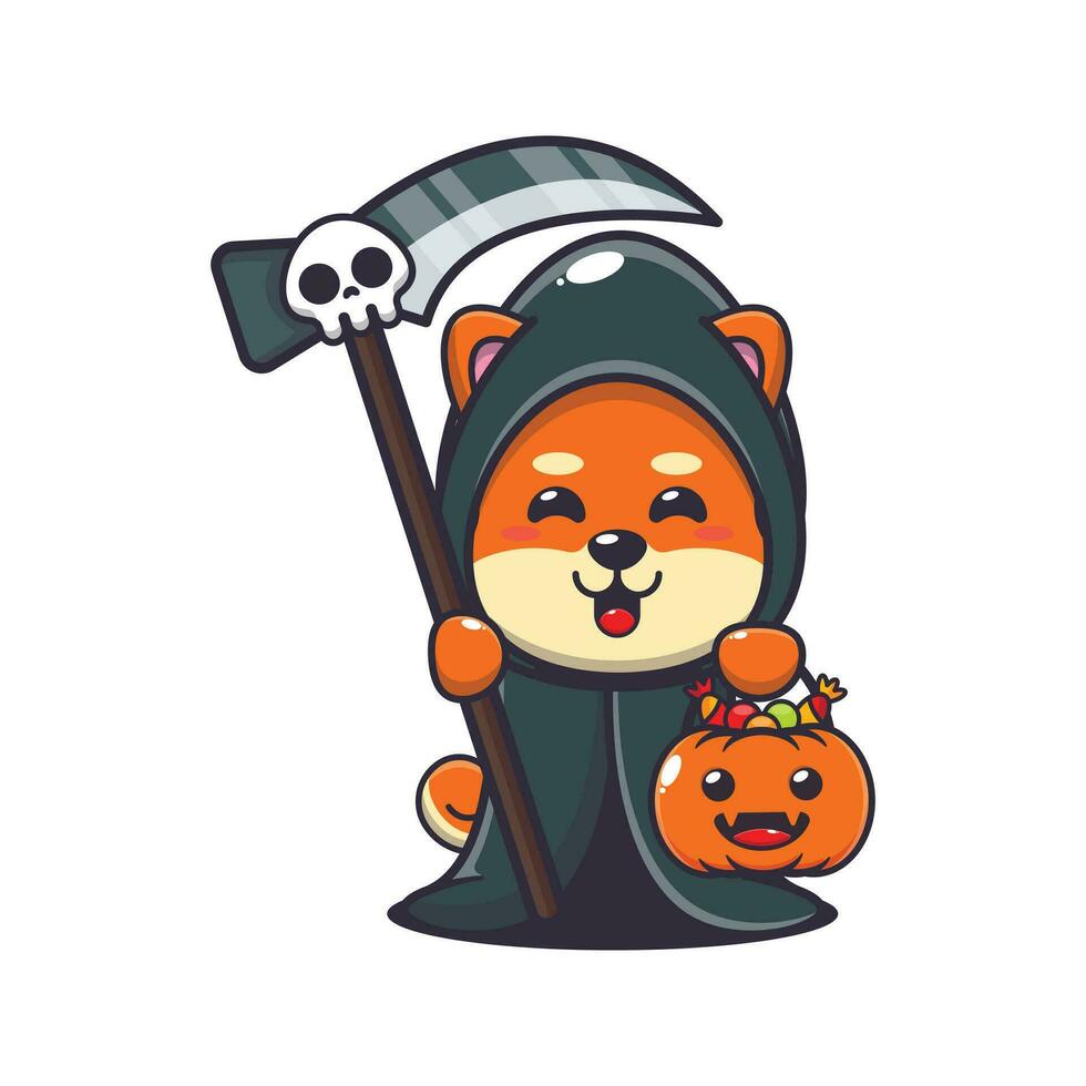 sinistre moissonneuse shiba inu en portant faux et Halloween citrouille. mignonne Halloween dessin animé illustration. vecteur