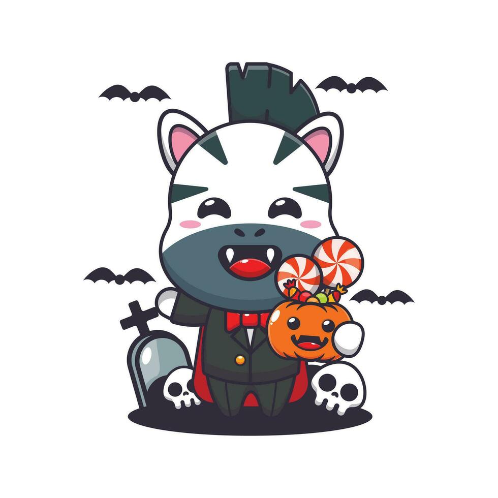 vampire zèbre en portant Halloween citrouille. mignonne Halloween dessin animé illustration. vecteur