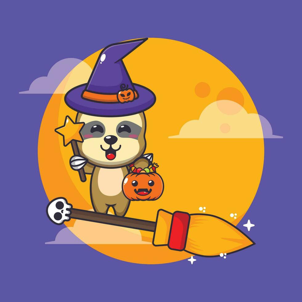 sorcière la paresse mouche avec balai dans Halloween nuit. mignonne Halloween dessin animé illustration. vecteur