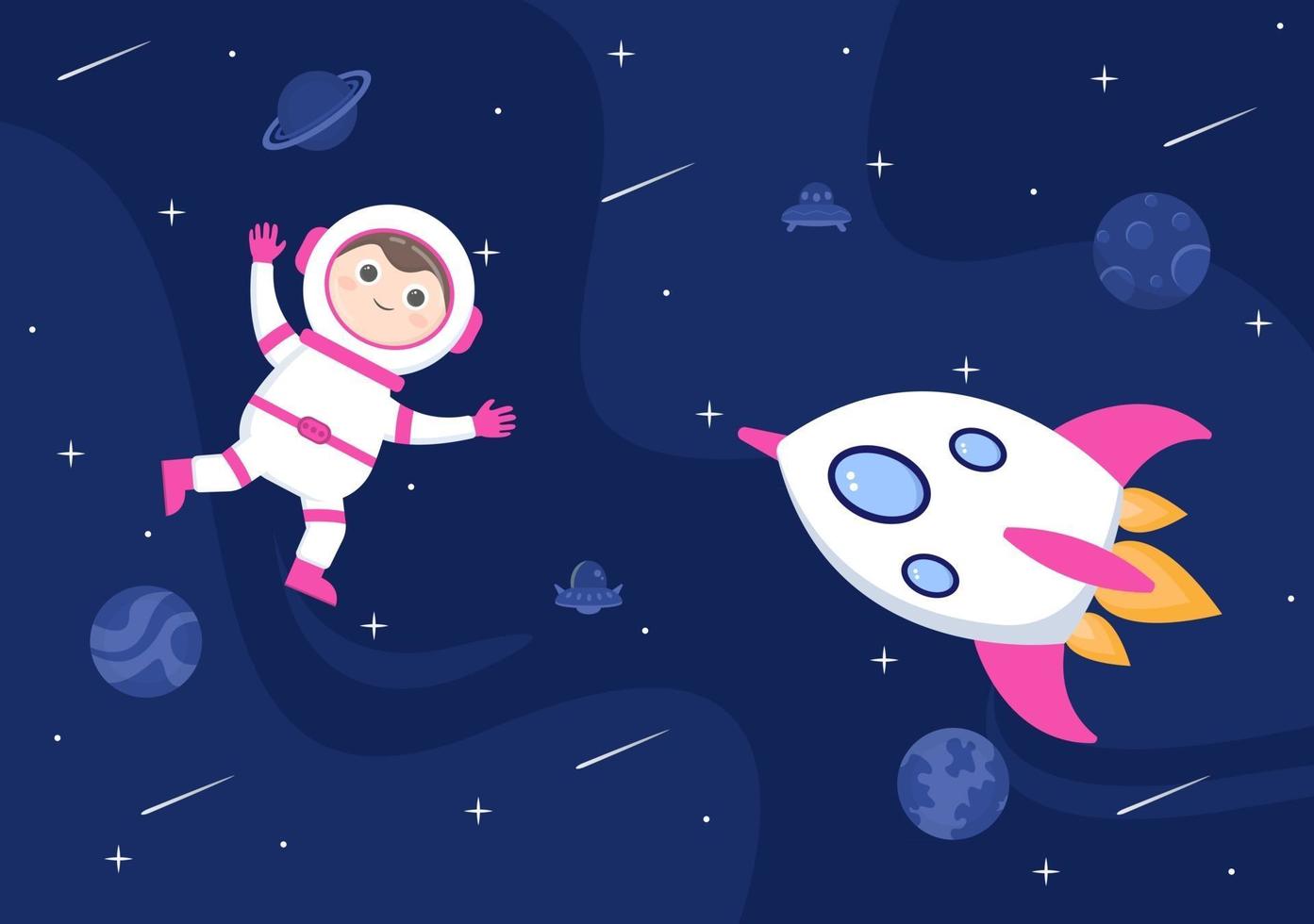 astronaute mignon dans l'illustration de fond de l'espace vecteur