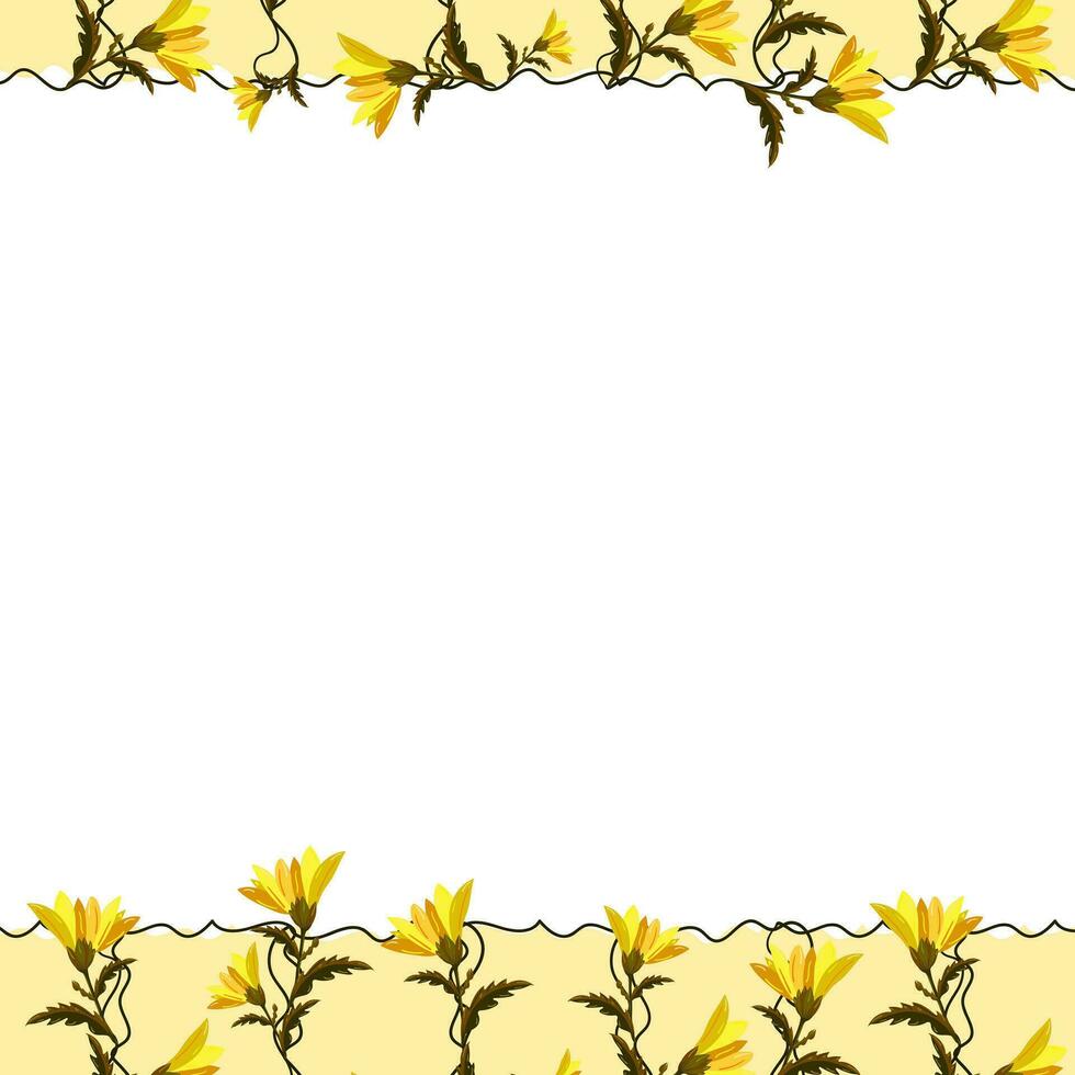 Facile frontière Cadre avec Jaune fleurs avec feuilles sur tiges avec une Cadre de ondulé lignes avec copie espace sur une blanc Contexte vecteur