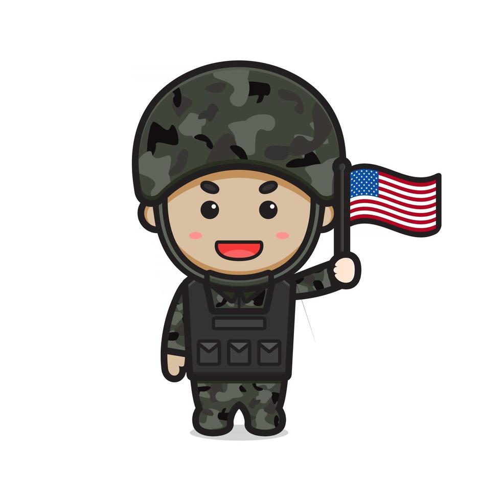 personnage de soldat mignon célébrer le jour de l'indépendance de l'amérique icône de dessin animé illustration vectorielle vecteur