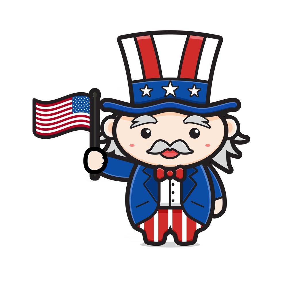 vieux dessin animé homme tenant un drapeau américain pour célébrer la fête de l'indépendance vecteur