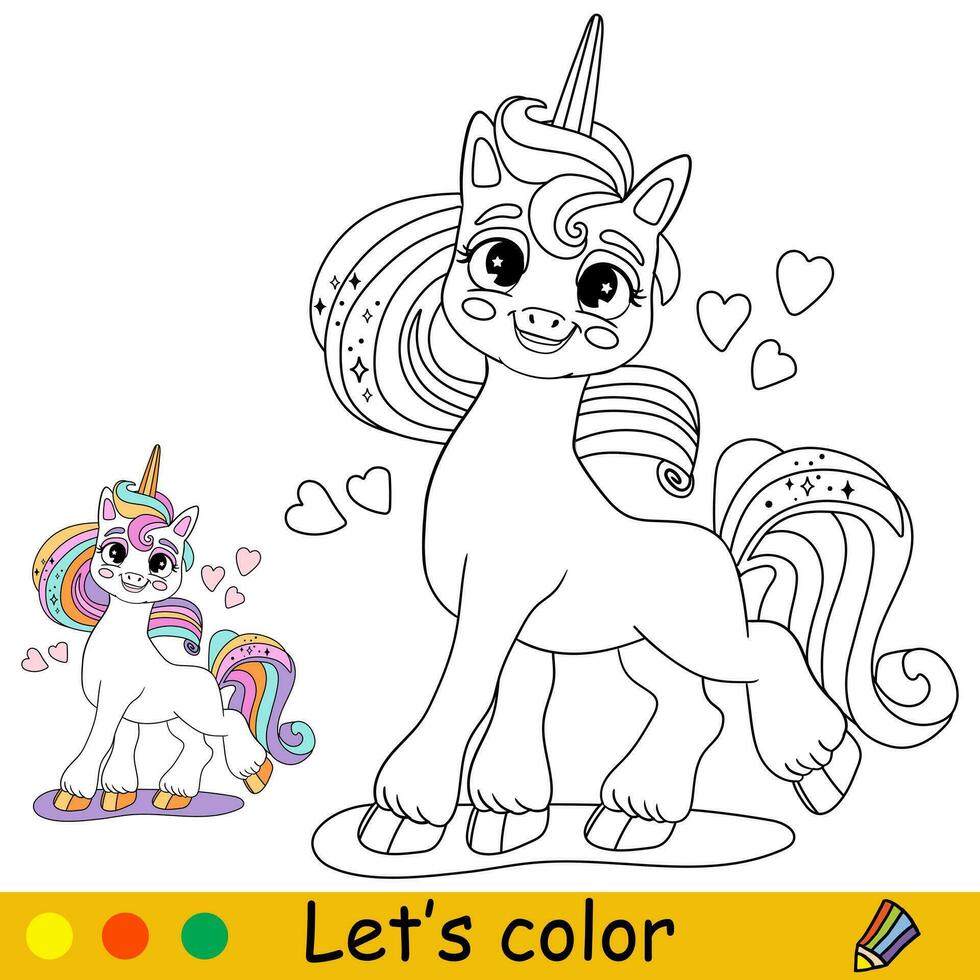 dessin animé Licorne avec cœurs des gamins coloration livre page vecteur