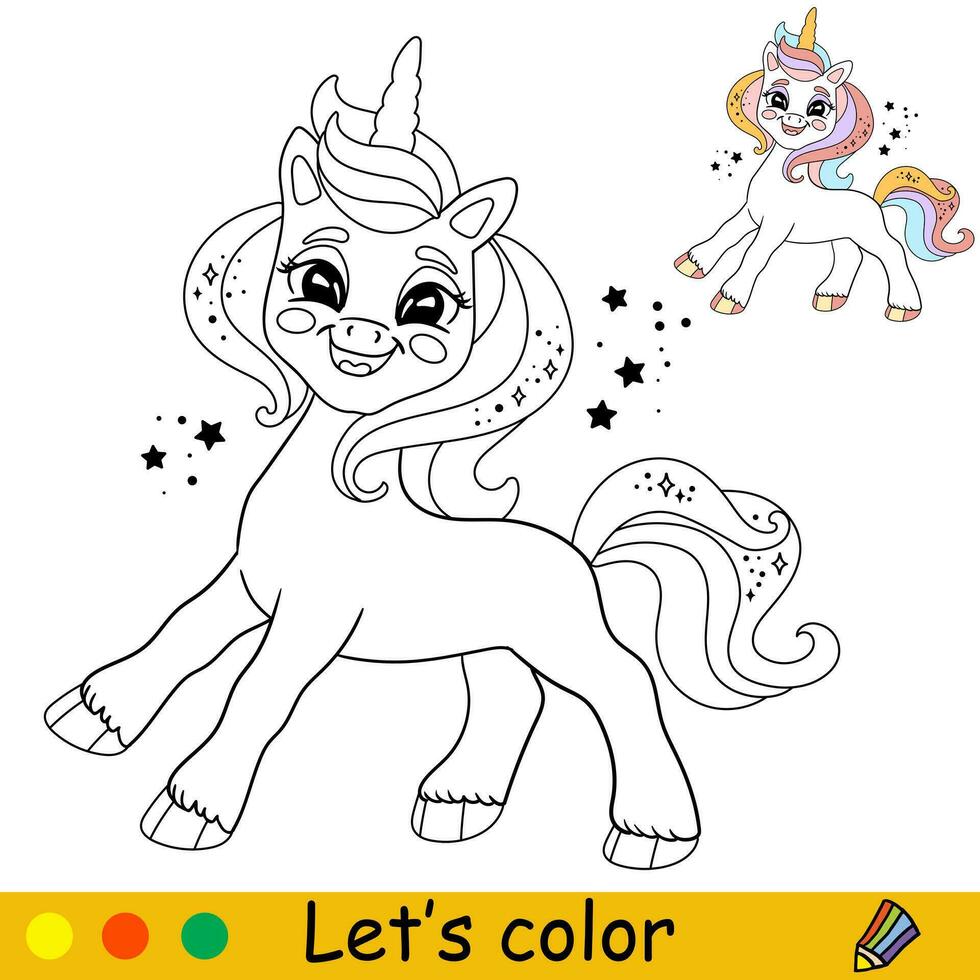 dessin animé Licorne avec des étincelles des gamins coloration livre page vecteur