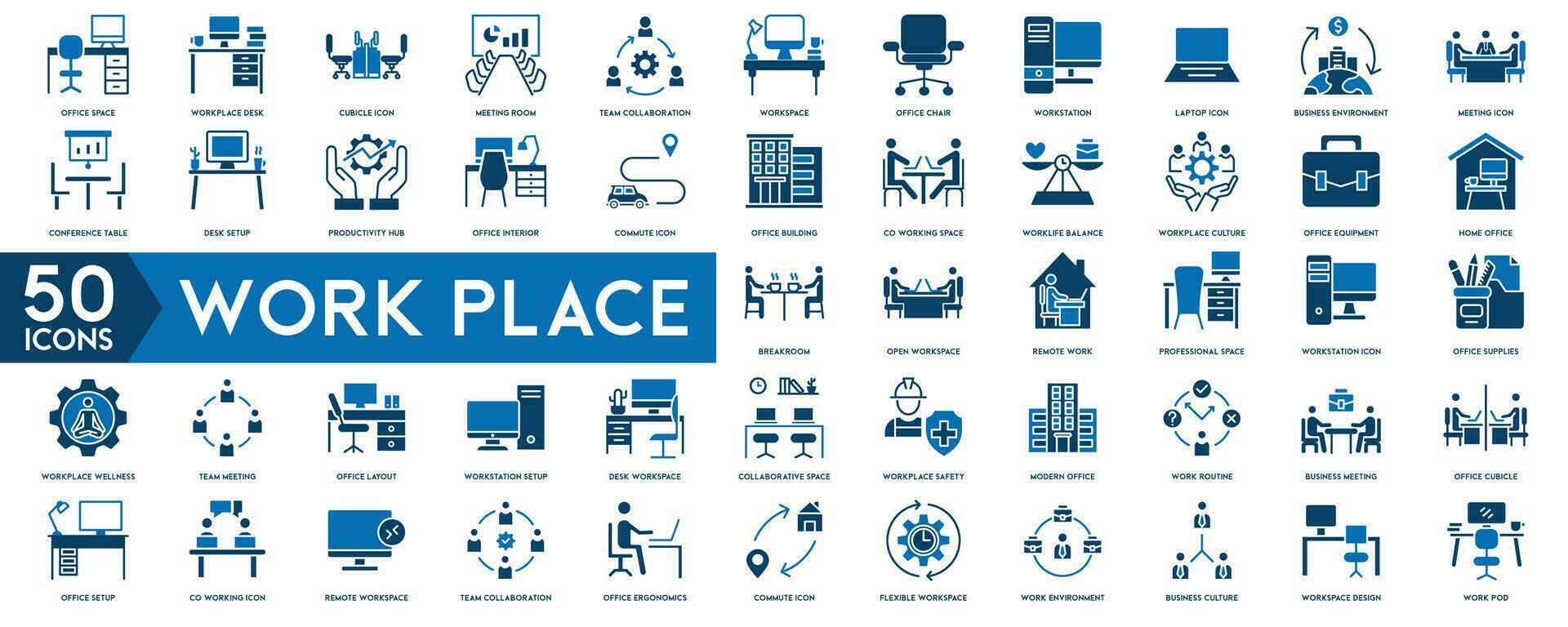 travail endroit icône ensemble. contenant mallette, bureau, ordinateur, réunion, employé, programme et collaborateur symbole. solide espace de travail Icônes vecteur collection.