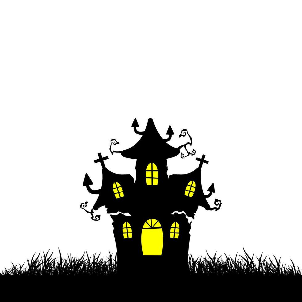 Halloween illustration avec une silhouette de une effrayant maison avec Jaune lumières et herbe vecteur