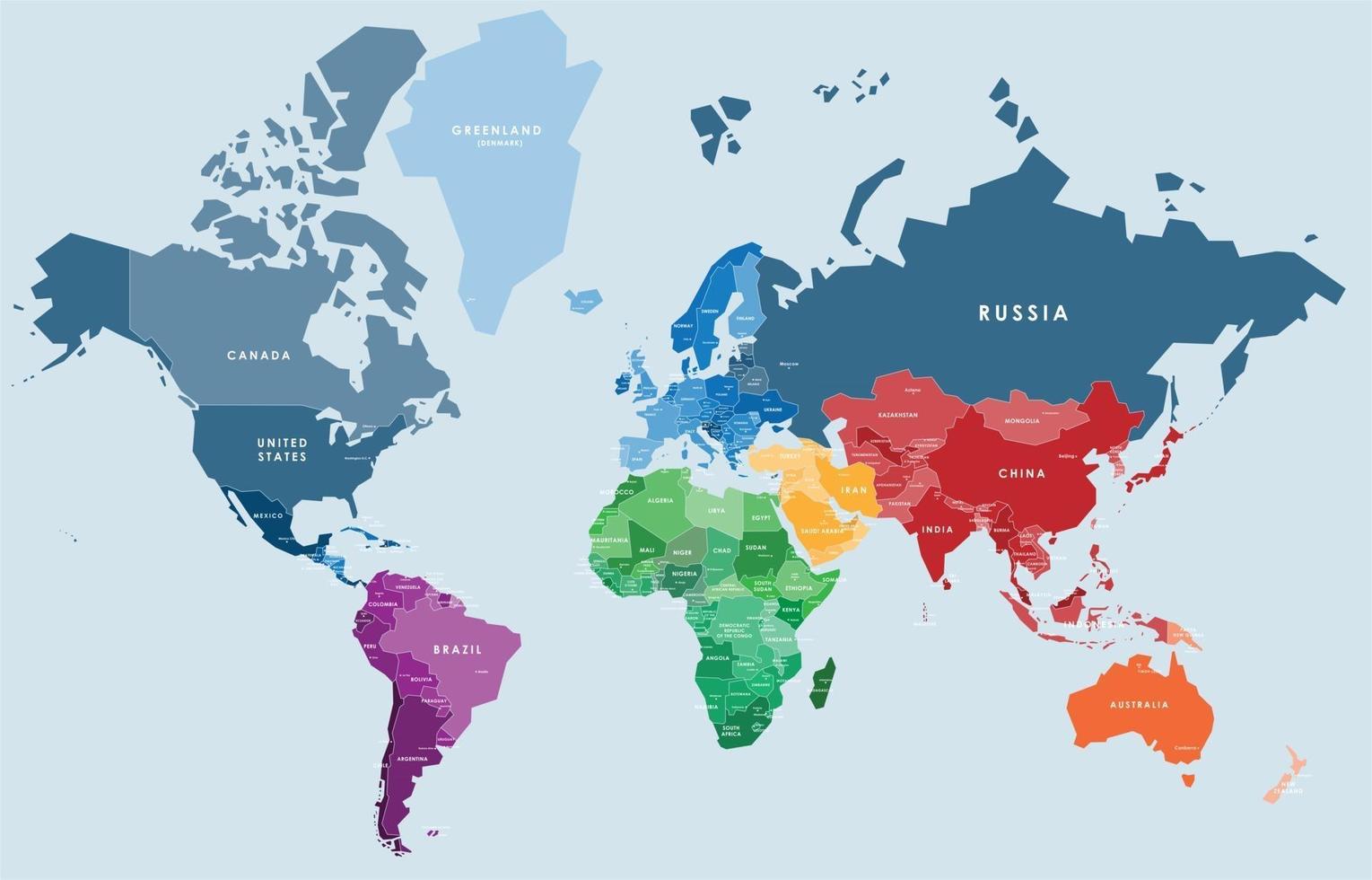 carte du monde vectorielle colorée avec tous les noms de pays et de capitales. vecteur