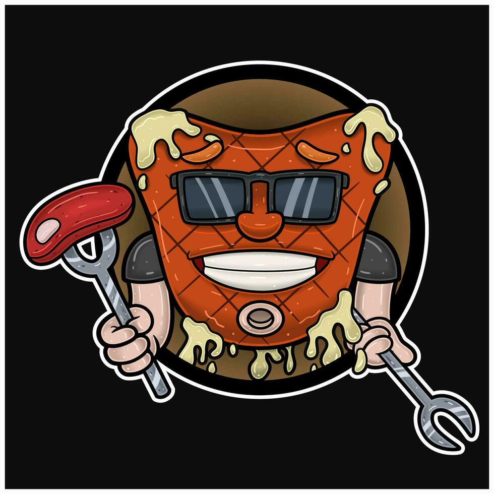 mascotte dessin animé de Viande steak avec en portant Viande et fourches. avec cercle logo. pour nourriture, Viande, barbecue et du boeuf logo. vecteur